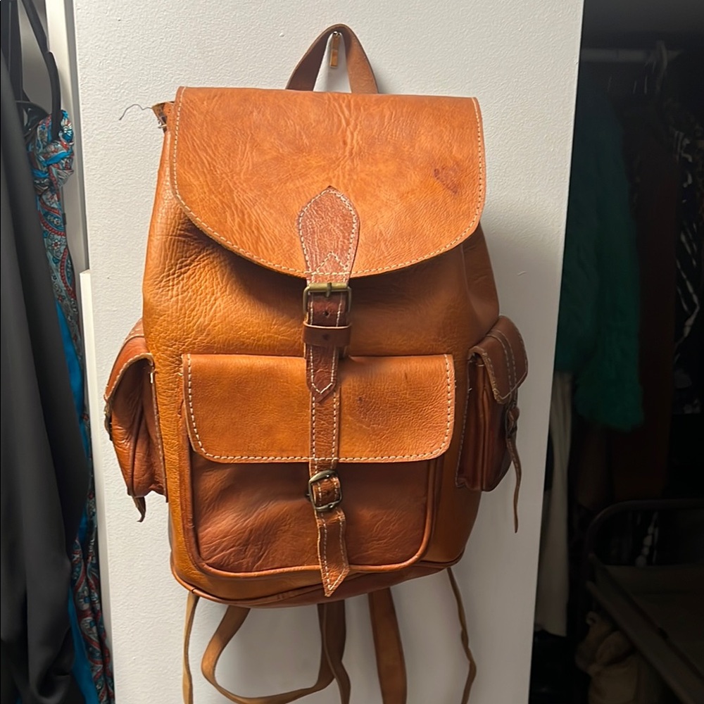 Tan Leather Backpack with Rustic Aesthetic